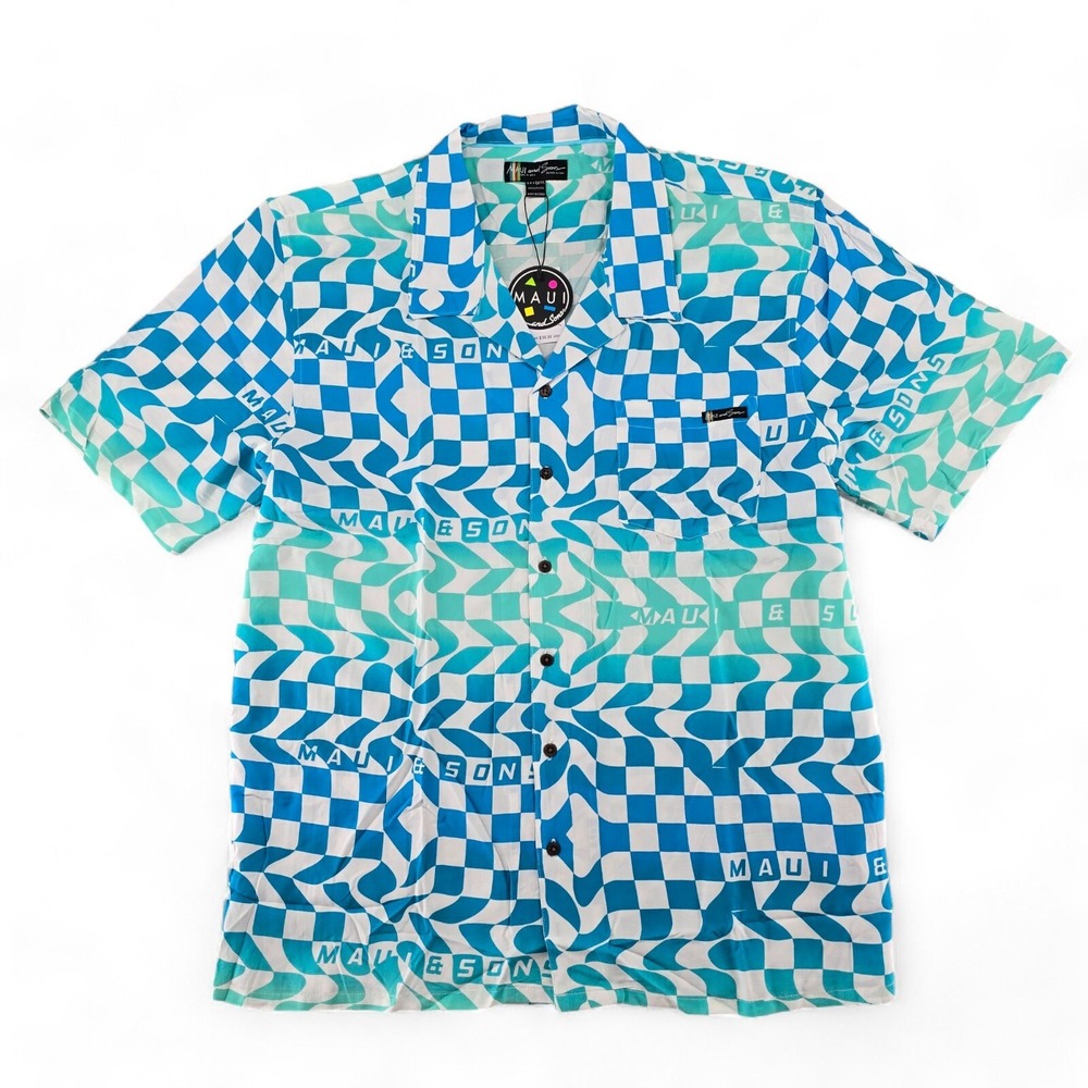 Maui and Sons Mens XL Shirt Blue Checkered Viscose Short Sleeve Button Up NWT